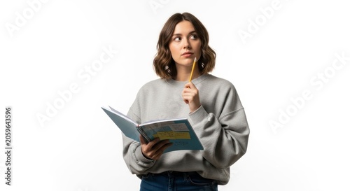 Introspective Young Woman with Wavy Hair Holds a Notebook, Pondering with a Pen to Her Chin.