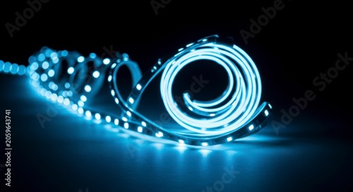 Luminous Blue LED Strip Coiled into a Hypnotic Spiral on a Dark Reflective Surface.