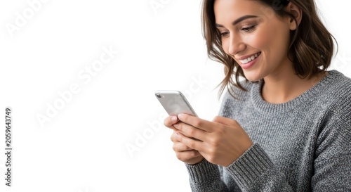 A Moment of Digital Joy: Smiling Woman in a Cozy Grey Sweater Using Her Smartphone