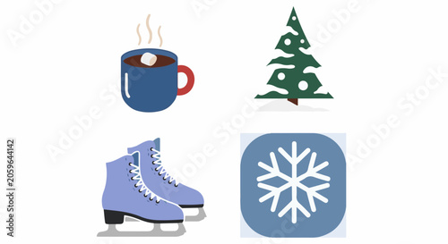 Four winter icons steaming mug, snow-covered tree, ice skates, and snowflake