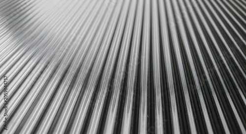 Wavy Corrugated Metal Surface with Rhythmic Lines and Dynamic Light in Monochrome.