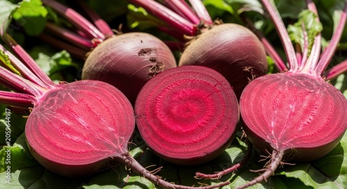 Freshly Harvested Beetroots, Sliced to Reveal Vibrant Magenta Rings.
