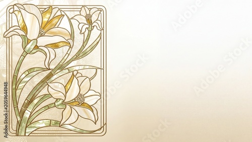 Elegant stained glass lily panel on cream background with copy space