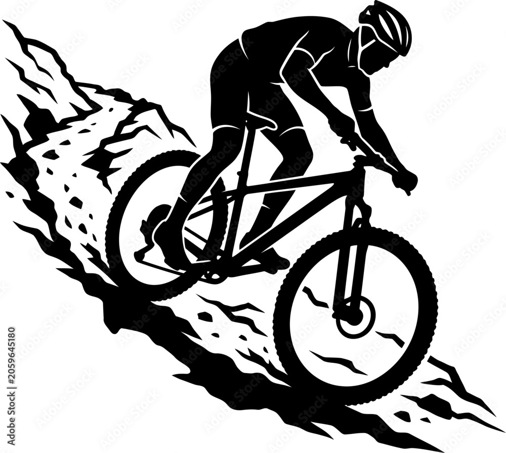 Naklejka premium Man riding mountain bike down steep rocky trail in black silhouette action sports