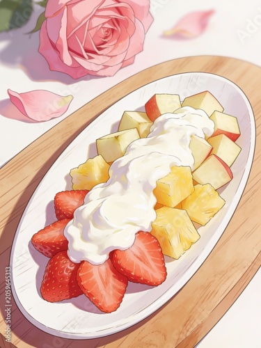 A charming anime-style illustration of a fresh fruit salad topped with creamy yogurt, beautifully accompanied by a soft pink rose and scattered petals in a warm, aesthetic setting.