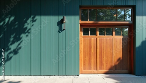 Exterior wall with vertical teal planks, natural wood garage door, and glass windows. Sunlight casts leaf shadows on the wall. Outdoor scene with stone pavement.