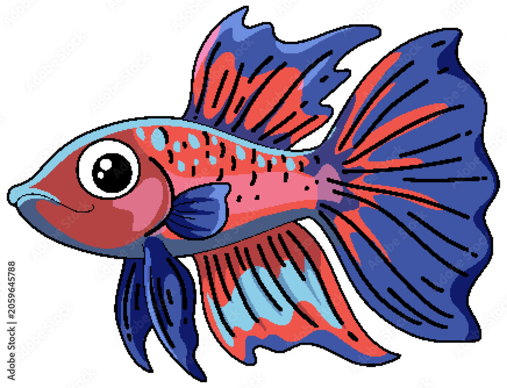 Fototapeta premium Cute Cartoon Betta Fish Vector Illustration with Blue and Red Fins