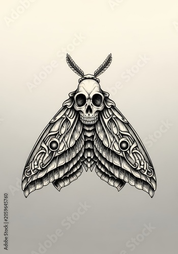 Intricate skull moth illustration detailed insect art in black and white
