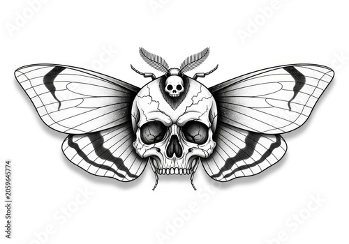 Intricate skull moth illustration detailed wings black and white vector design