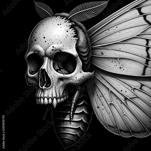 Intricate skull moth illustration in black and white digital art
