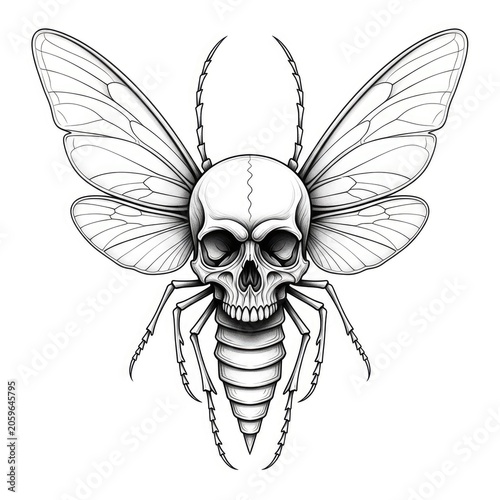 Intricate skull moth illustration detailed insectoid design on white background