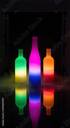 Lit bottles displayed with colorful lighting and reflections