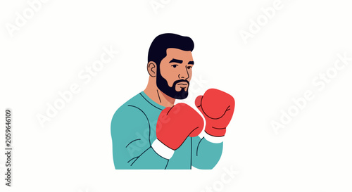 Determined male boxer in striking pose with red gloves