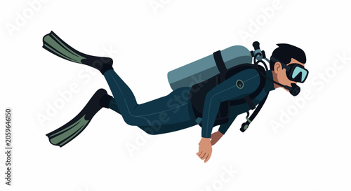 Diver in dark blue suit and gear swimming underwater with fins