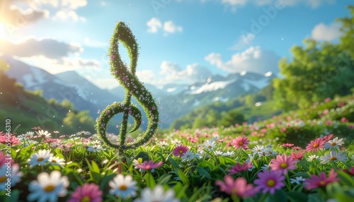 Green treble clef and musical notes made from grass and flowers grow in a sunny meadow. This scene blends nature and music art with blooming plants and soft bokeh background light.