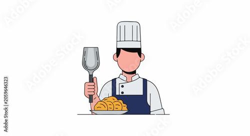 Flat illustration of a chef holding a spatula and a plate of croissants