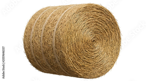 Large cylindrical straw hay bale isolated as a symbol of agricultural harvesting and livestock feed with agriculture livestock countryside agricultural environment