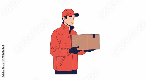 Friendly courier in red uniform holds a brown package