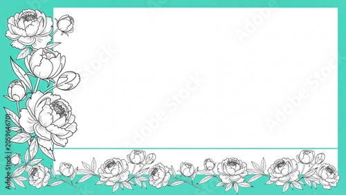 Mint green floral frame with black and white peony line art border