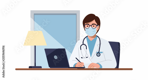 Medical professional wearing a mask, glasses, and stethoscope, writing at a desk with a laptop and lamp