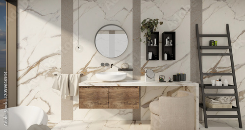 Foto Luxury modern bathroom interior design, elegant marble wall panels with wooden vanity vanity sink and round mirror, 3D render architecture illustration