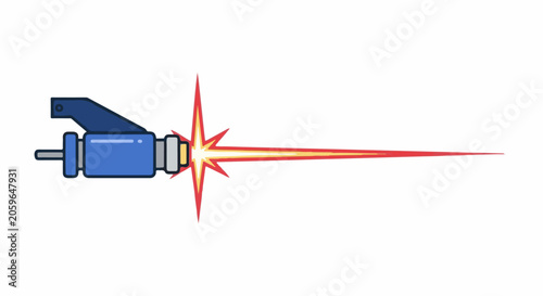 Stylized blue device firing a bright red and yellow energy beam