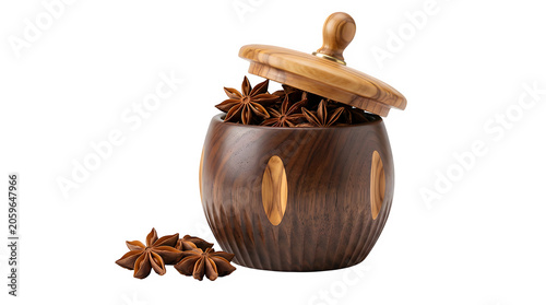 Wooden spice jar filled with aromatic star anise aromatic seasoning culinary ingredient fragrant preservation container preparation traditional isolated botanical flavoring delicious