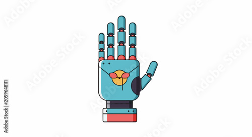Stylized blue robotic hand with red accents, raised in a friendly gesture