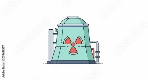 Stylized illustration of a cooling tower with a radiation symbol