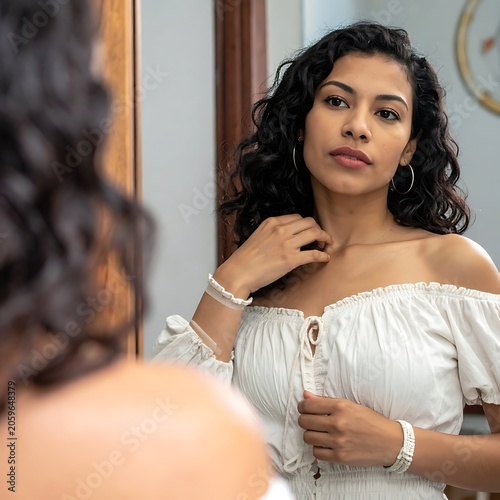 Young woman in white dress looking mirror.