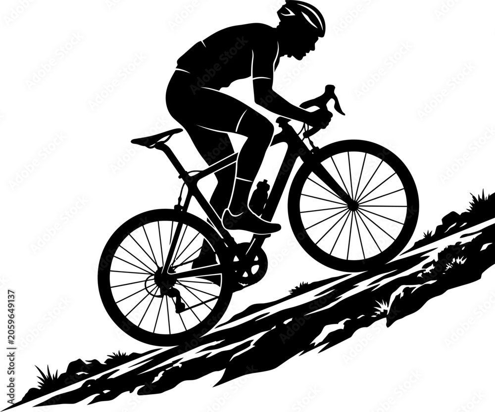 Fototapeta premium Man riding bicycle down steep grassy hill on white background