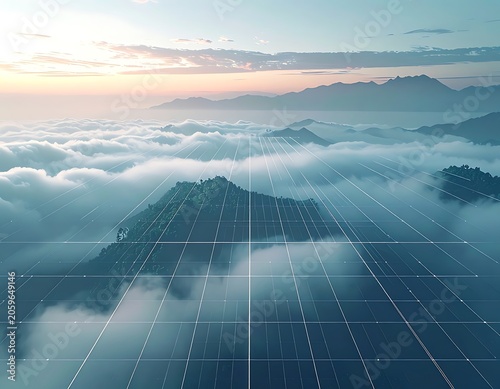 Solar panels on mountain peak clouds.
