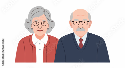 Two elderly individuals, a woman and a man, are depicted in a flat illustration with a white background