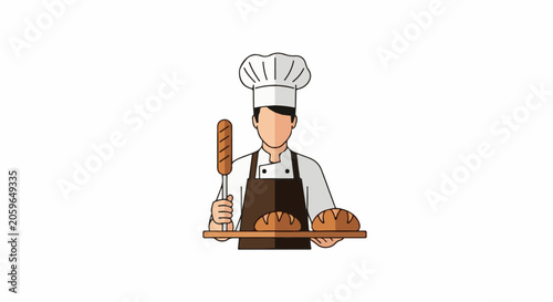 A baker stands with a loaf and a bread stick, wearing a toque and apron