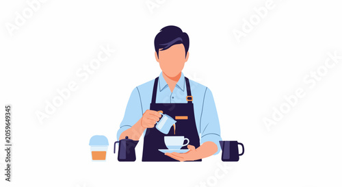 A barista pours liquid into a coffee cup, surrounded by coffee-making tools