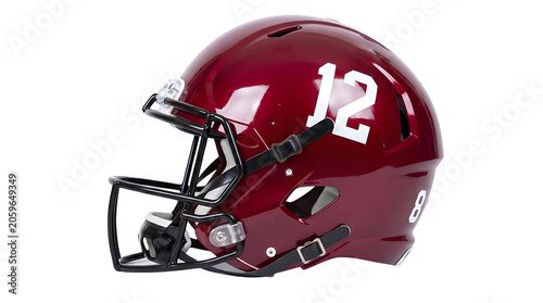 Maroon american football helmet with number twelve safety gear football american equipment protective protection competition professional headgear practice athletic training championship