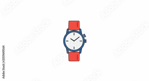 A blue and white wristwatch with red straps is centered on a white background