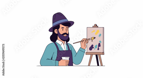 A cartoon artist with a purple hat and beard paints on a canvas