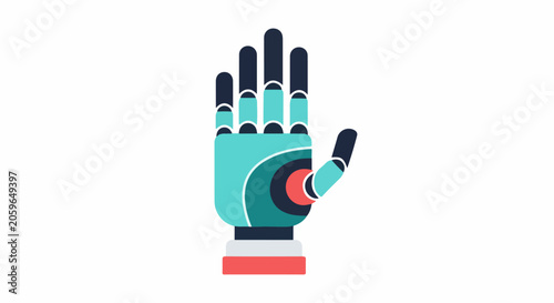 Stylized robotic hand with segmented fingers and wrist joint in teal, navy, and red accents