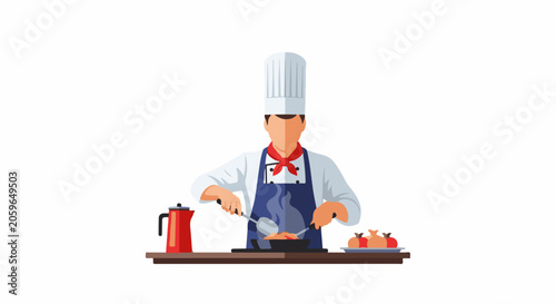 A chef in uniform cooks food in a pan, with a red kettle and apples nearby