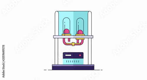 Stylized schematic of a futuristic scientific apparatus with two glowing tubes and a central processing unit