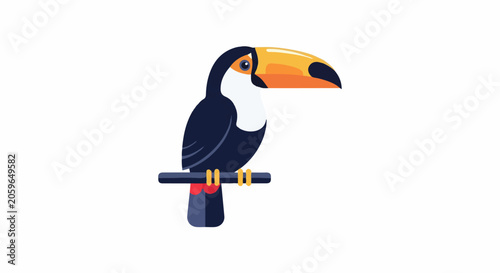 Stylized toucan perched on a branch, featuring a large, colorful beak and dark plumage