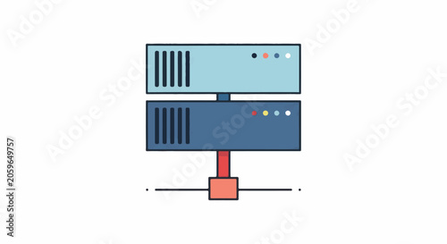 Two stacked, colorful computer servers connected by a red support on a network line