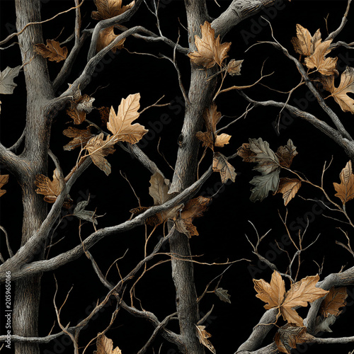 RealTree and Mossy Oak style hyper realistic real tree camouflage seamless pattern with bark branches and leaves print ready 300 dpi for hunting gear