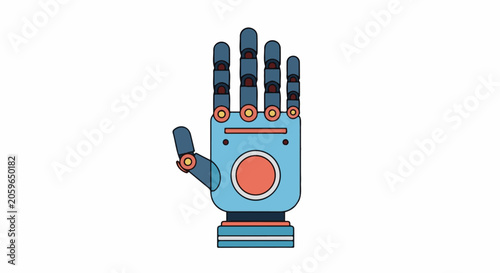 A cartoon-style robotic hand, blue with orange and red accents, in a open-palmed pose, isolated on a white background
