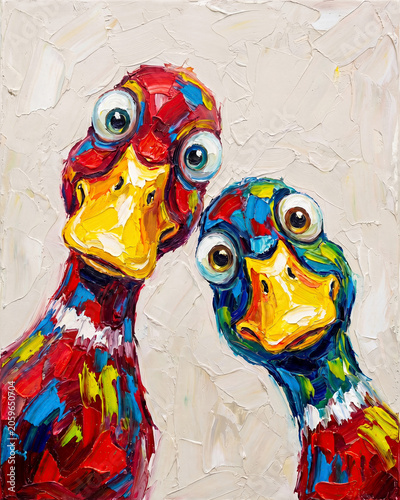 Two vibrant, abstract ducks with expressive eyes against a light background.