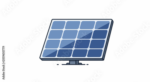 A flat design illustration of a blue solar panel with multiple cells on a white background