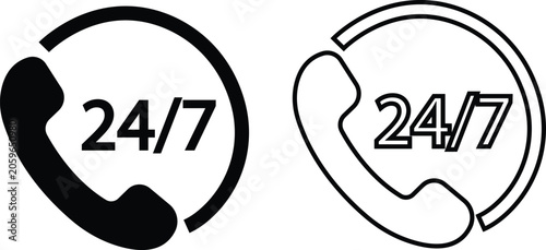 24/7 Customer Support Hotline Service Icon Set Collection Group, Helpdesk Call Center Symbols Bundle, Twentyfour Seven Assistance, Helpline, Contact, Support Vector in Flat and Line Style