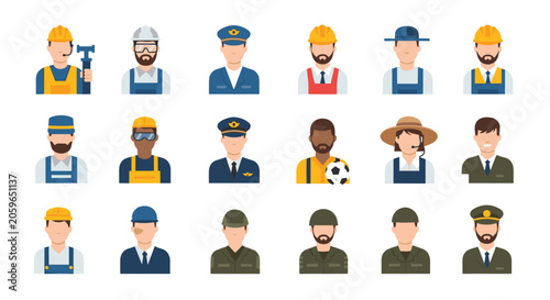 Diverse collection of professional worker avatars representing various occupations like engineers, pilots, and soldiers.