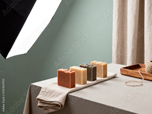Handmade Soaps on Display with Soft Lighting